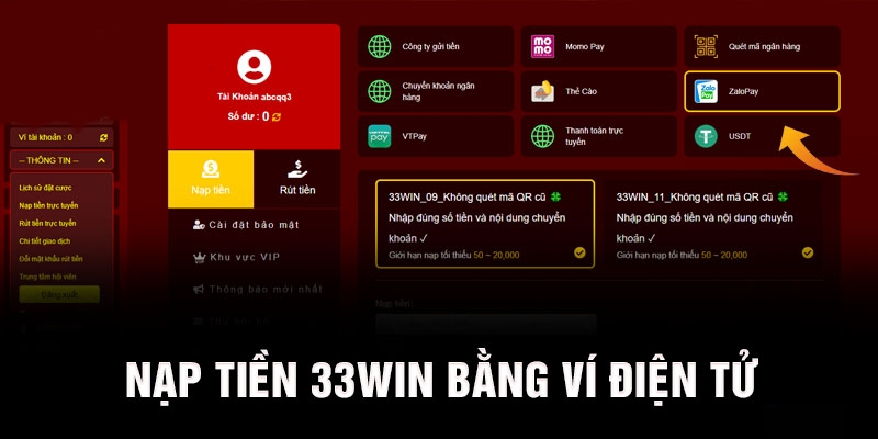 Nạp tiền 33WIN qua danh mục các ví điện tử thông minh